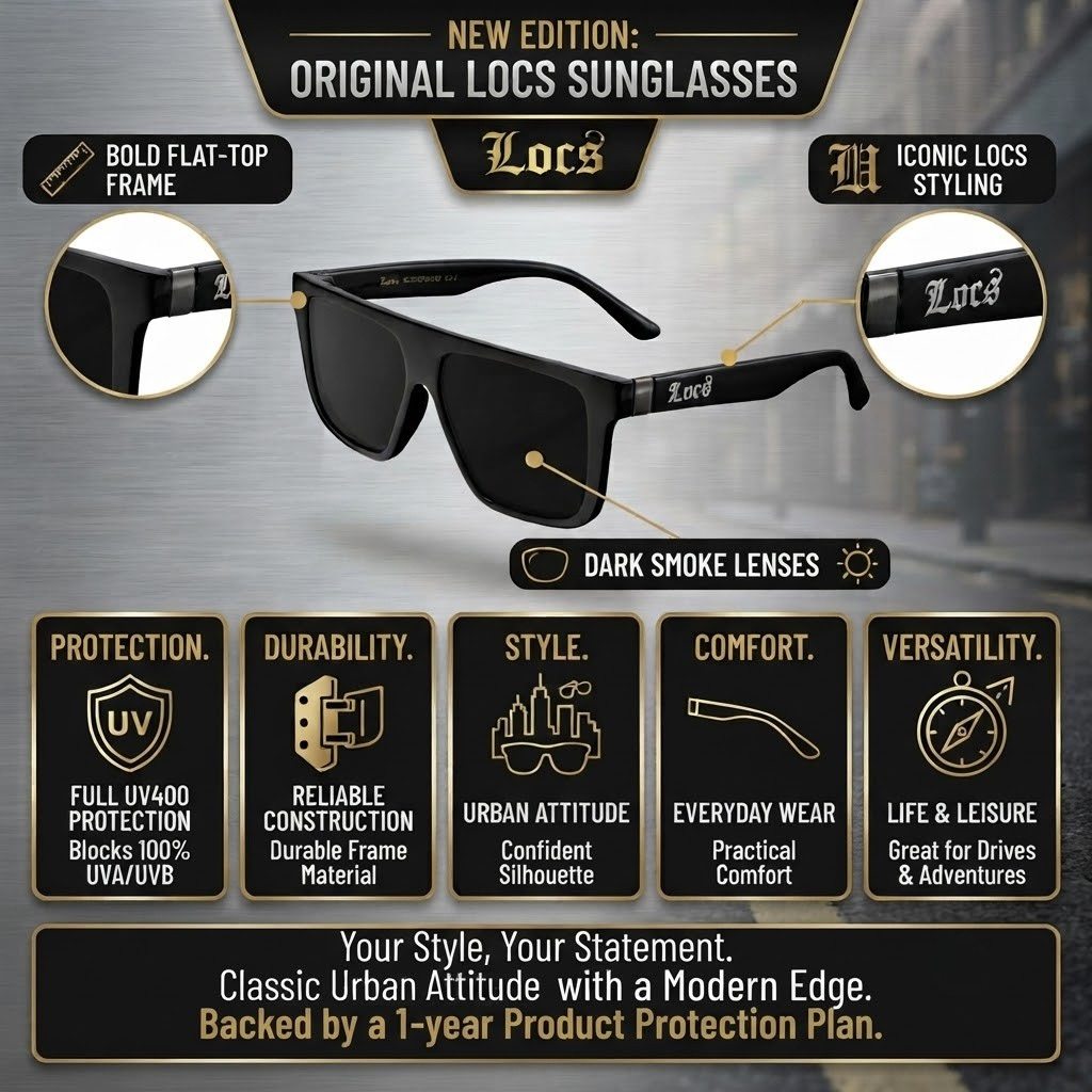Locs 91253 Flat Top Urban Sunglasses + 1-Year Protection Plan & Pouch