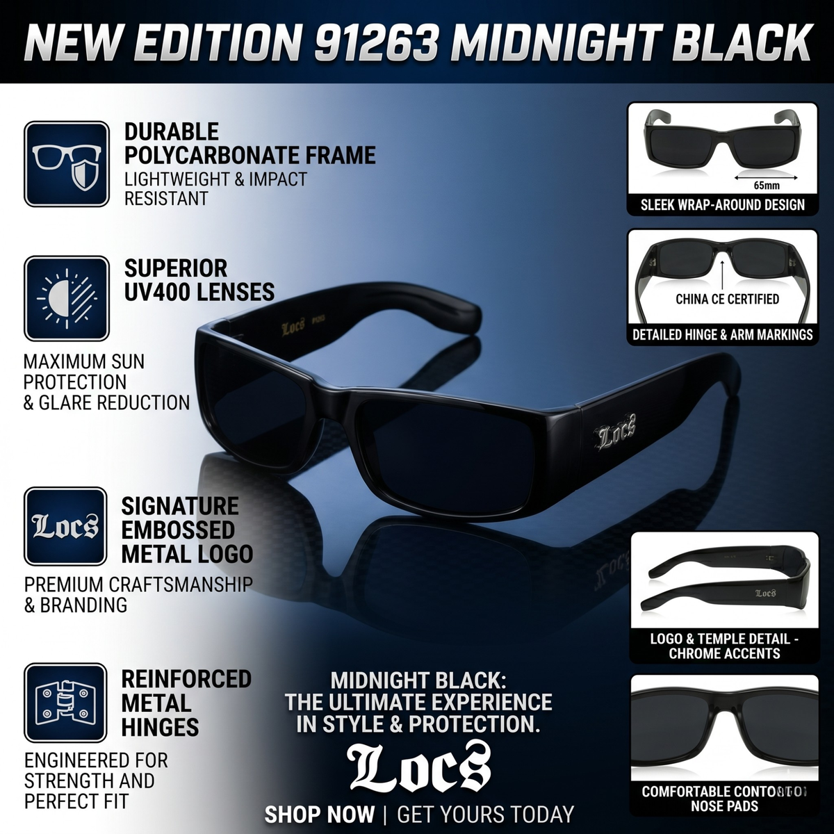 Locs 91263 Gangster Sunglasses + 1-Year Protection Plan & Pouch