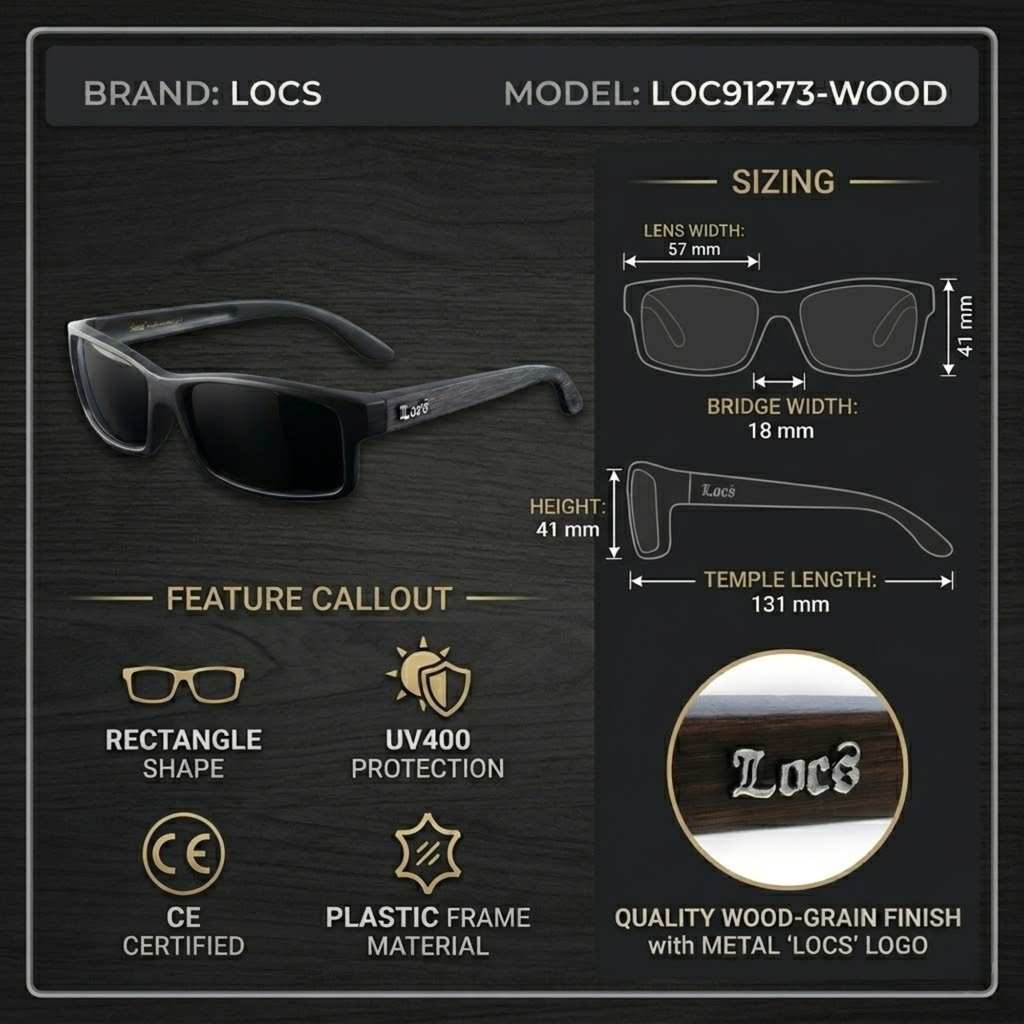 Locs 91273 Wood Grain Sunglasses + 1-Year Protection Plan & Pouch
