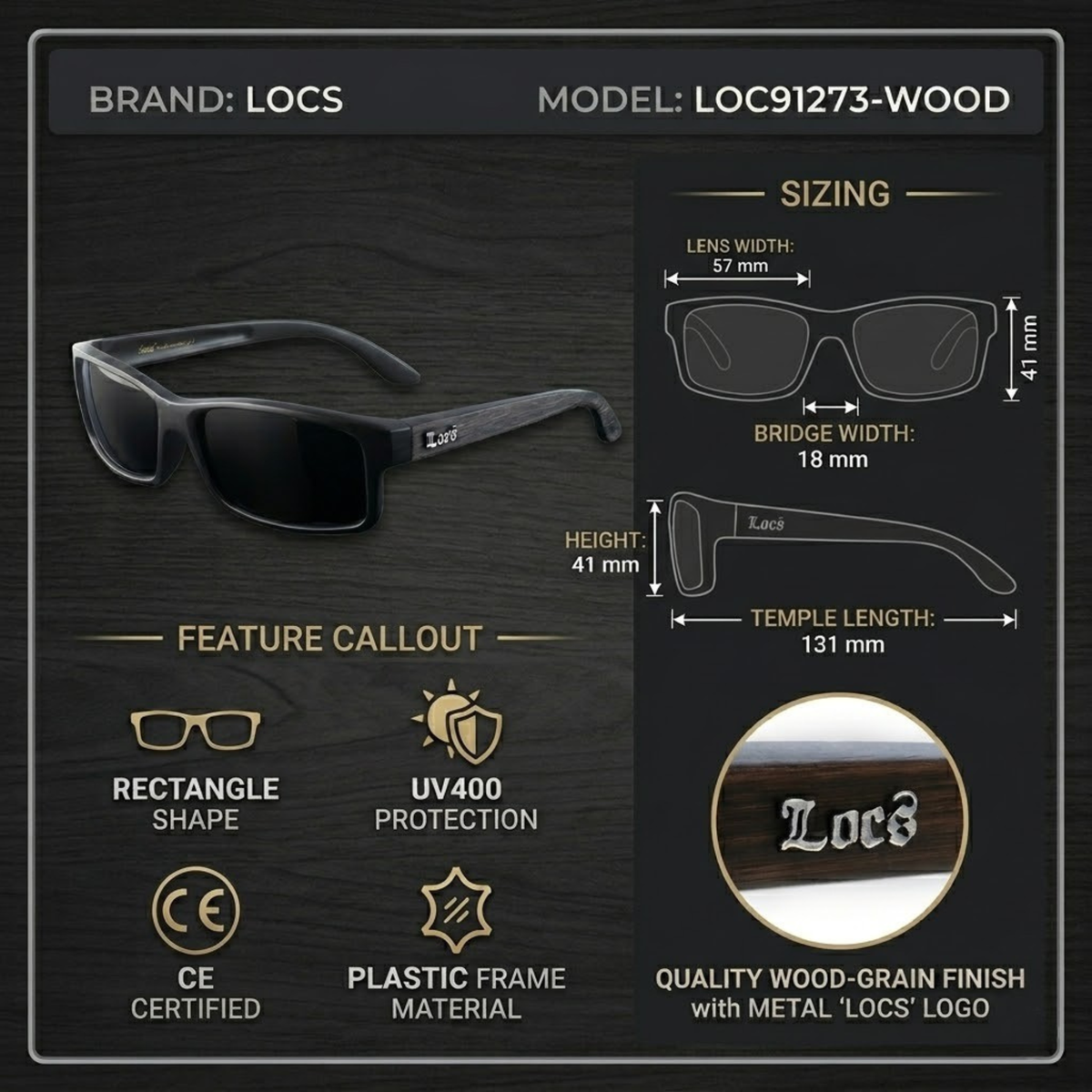 Locs 91273 Wood Grain Sunglasses + 1-Year Protection Plan & Pouch
