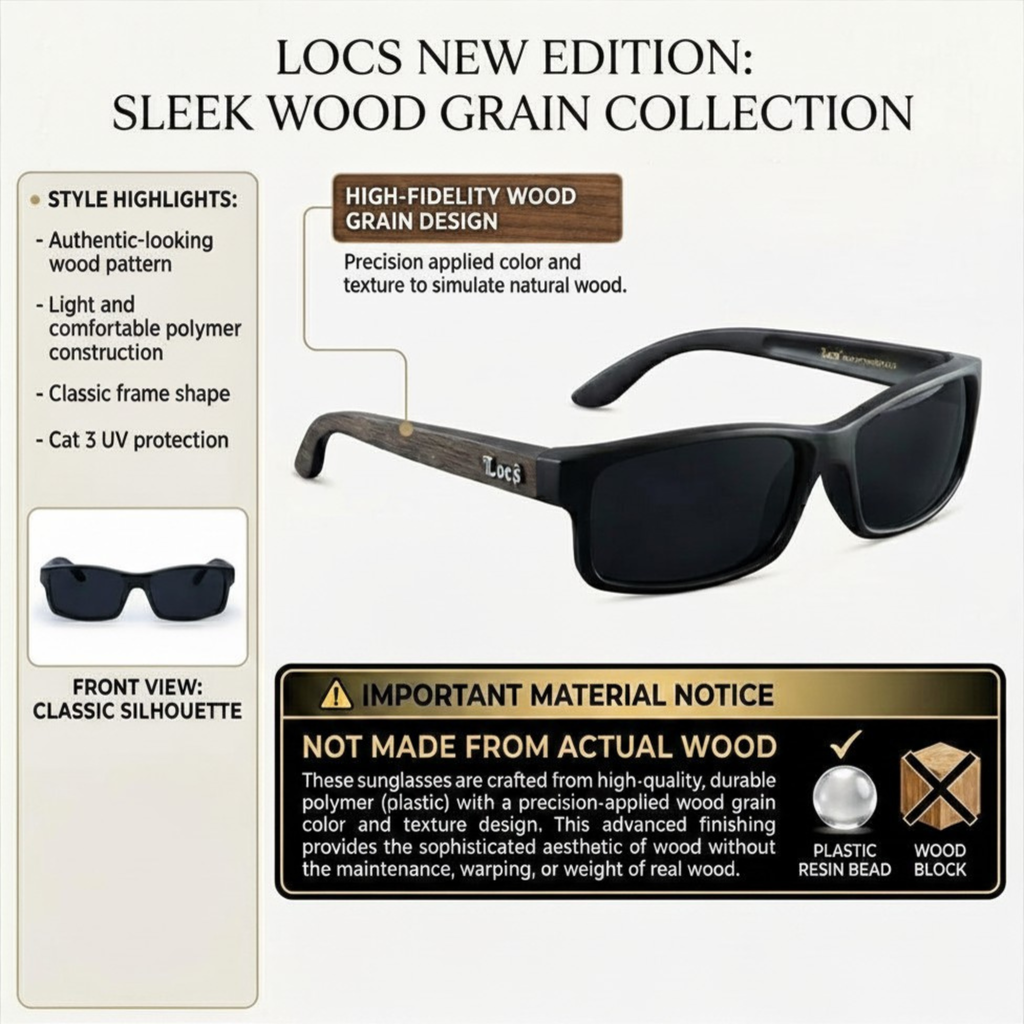 Locs 91273 Wood Grain Sunglasses + 1-Year Protection Plan & Pouch