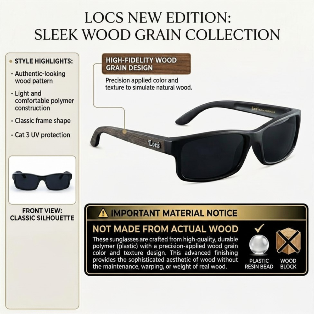 Locs 91273 Wood Grain Sunglasses + 1-Year Protection Plan & Pouch